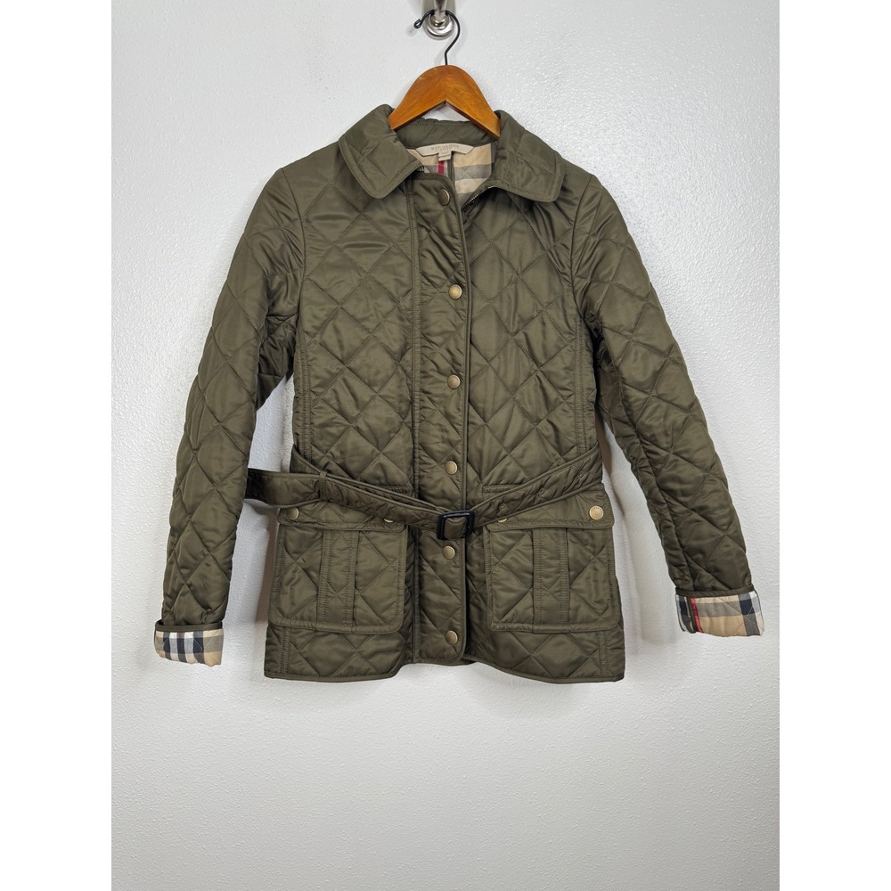 Burberry Brit Belted Quilted Green Jacket with Nova Check Lining Size Xsmall